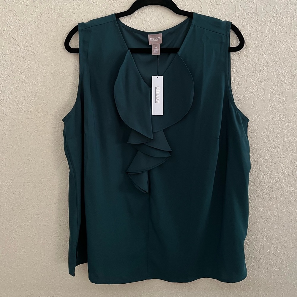 CHICO’S NWT PRETTY ruffles teal women’s blouse tank | SIZE 3
